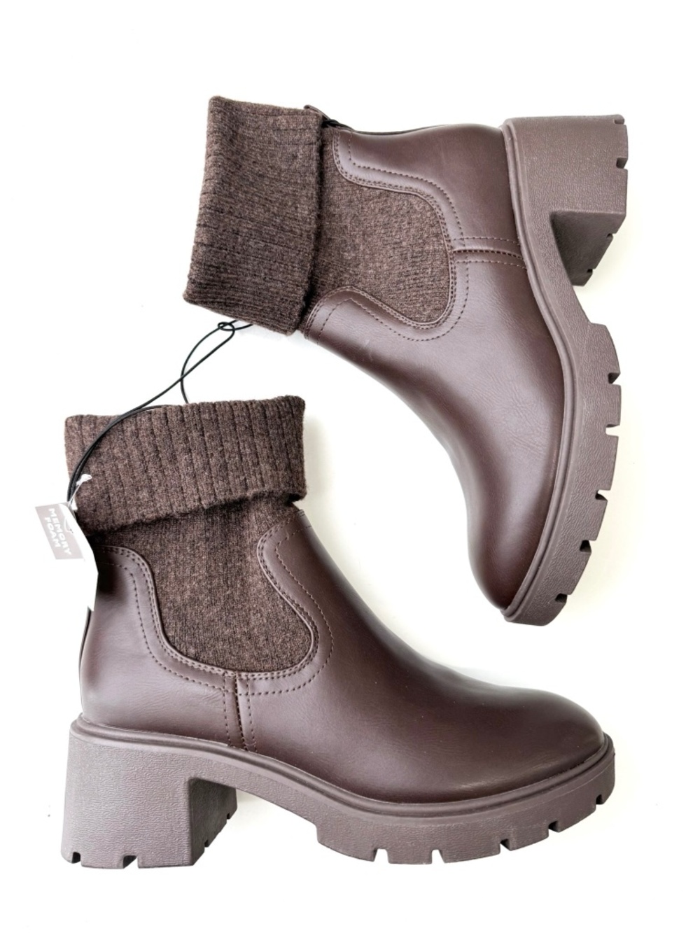 FALLS CREEK New $55 Womens 9.5 Brown Faux Leather Sweater Sock Heel Boots Box102